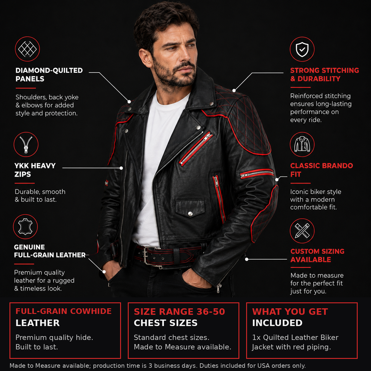 Quilted leather jacket infographic: full-grain cowhide, size range 36 to 50, and what is included.