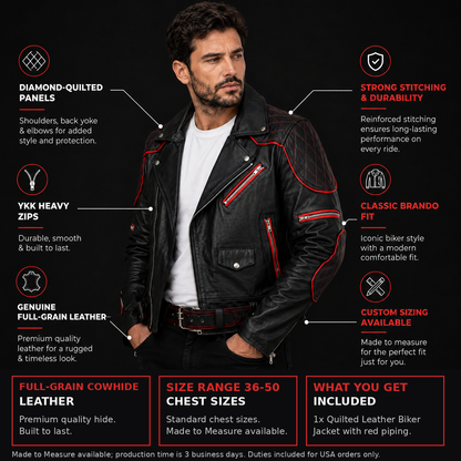 Quilted leather jacket infographic: full-grain cowhide, size range 36 to 50, and what is included.