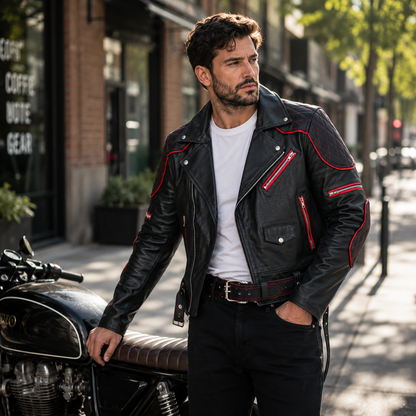Man in a quilted leather biker jacket standing next to a motorcycle on a city street.

