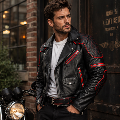 Man wearing a quilted leather biker jacket with red accent trim in studio setting.