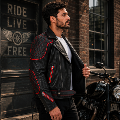 Side profile of the quilted leather biker jacket highlighting sleeve zip and red piping.