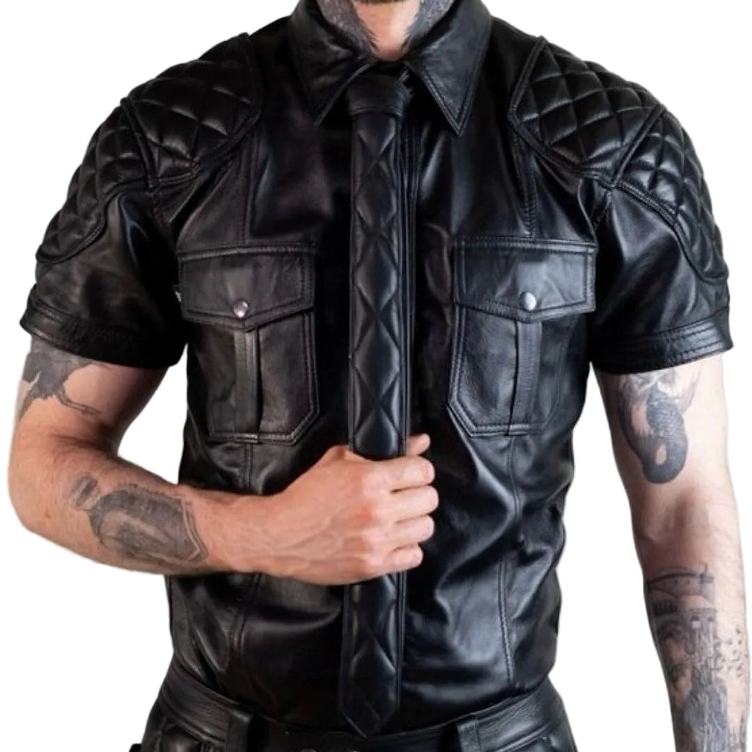 Men’s Quilted Leather Police Shirt & Tie Set – Lambskin BLUF Style