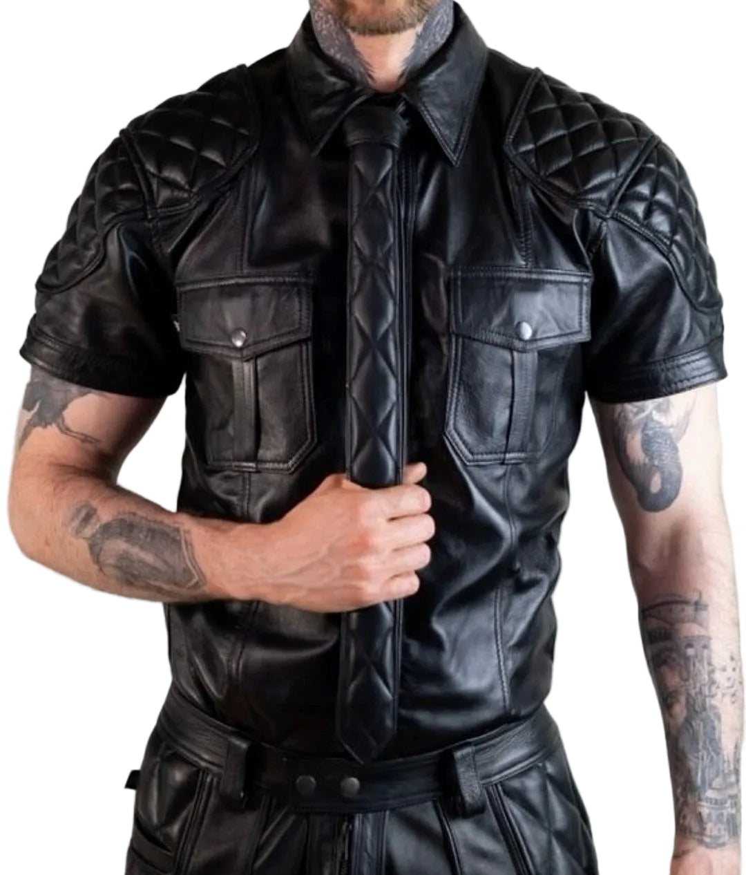 Men’s Quilted Leather Police Shirt & Tie Set – Lambskin BLUF Style