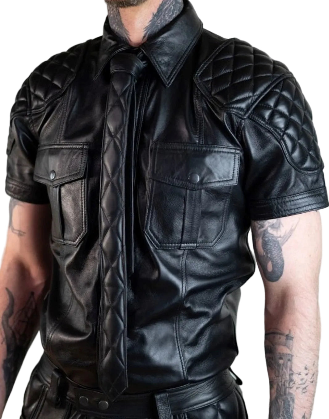 Men’s Quilted Leather Police Shirt & Tie Set – Lambskin BLUF Style