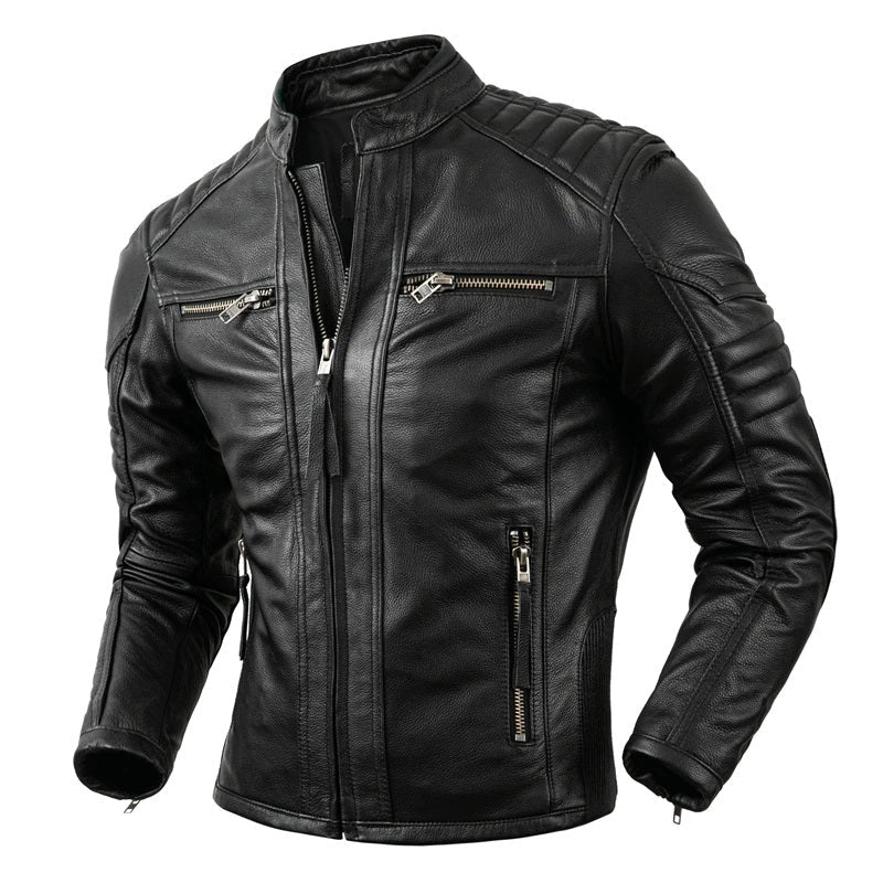 Men’s Cowhide Café Racer Jacket – Quilted Leather Biker Style