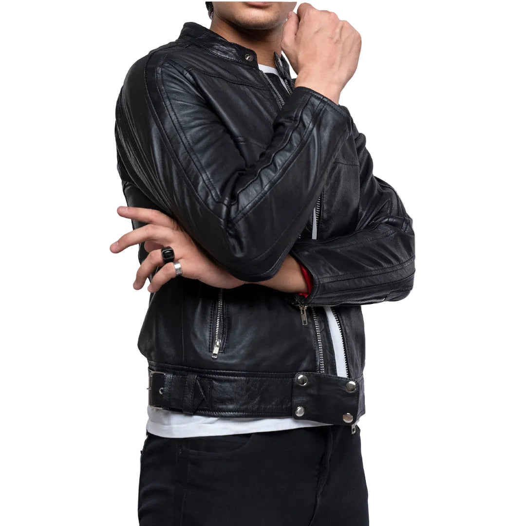 Men's Lamb Leather Café Racer Jacket with Side Buckles & Zipped Cuffs