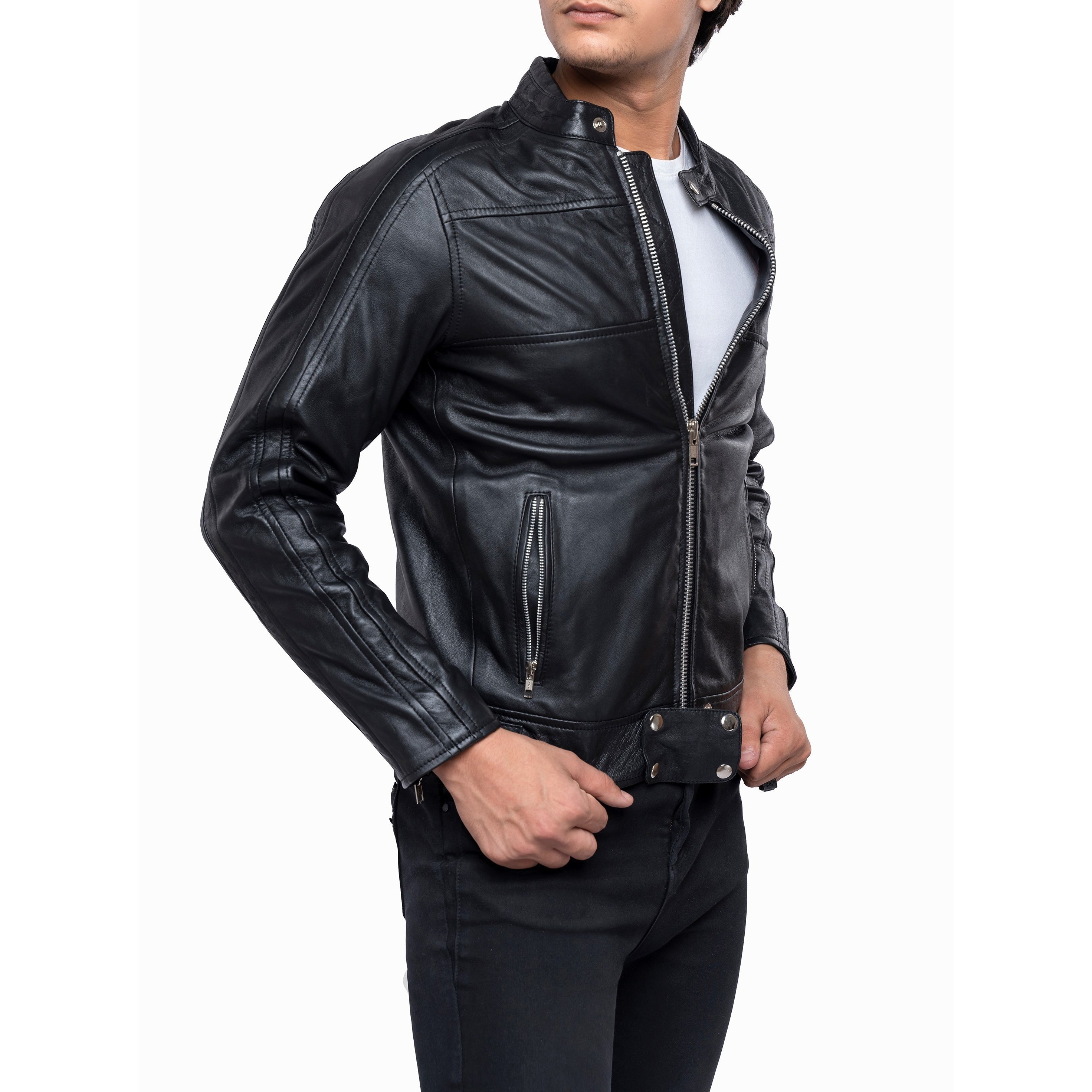 Men's Lamb Leather Café Racer Jacket with Side Buckles & Zipped Cuffs