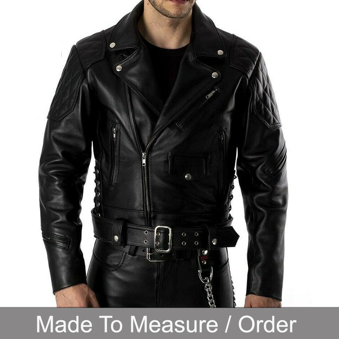 Men’s Cowhide Leather Biker Jacket with Quilted Panels and Side Laces
