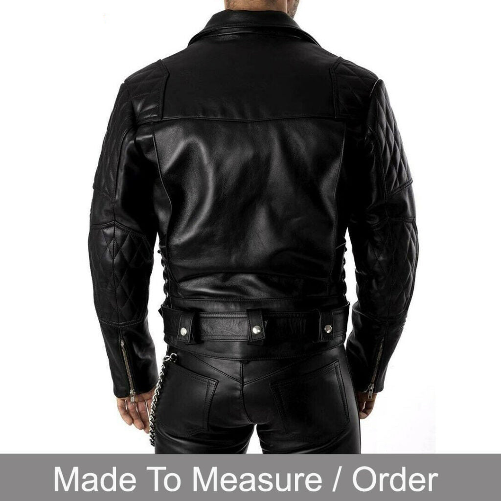Men’s Cowhide Leather Biker Jacket with Quilted Panels and Side Laces