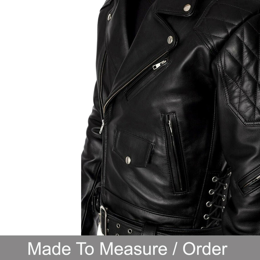 Men’s Cowhide Leather Biker Jacket with Quilted Panels and Side Laces