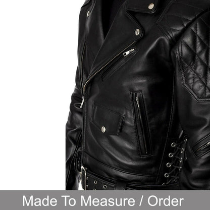 Men’s Cowhide Leather Biker Jacket with Quilted Panels and Side Laces