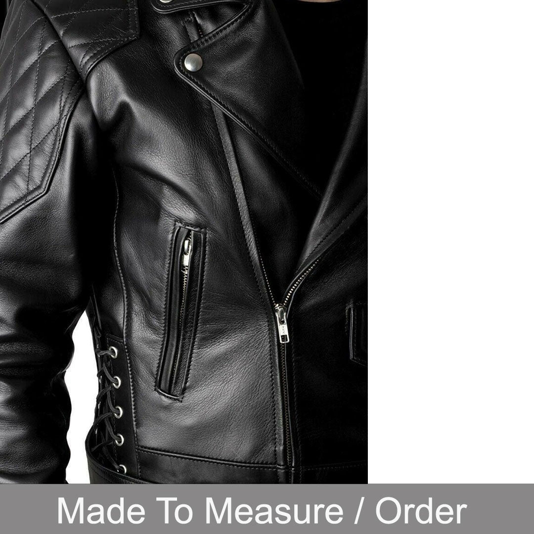 Men’s Cowhide Leather Biker Jacket with Quilted Panels and Side Laces