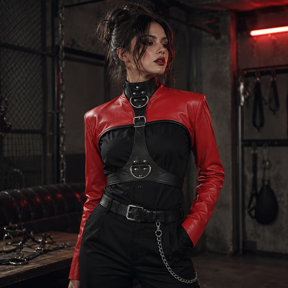 Model in red harness jacket showing back buckle straps against dark industrial backdrop
