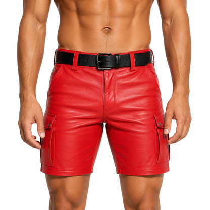 Red leather cargo shorts with black belt, front 3/4 view on white background"