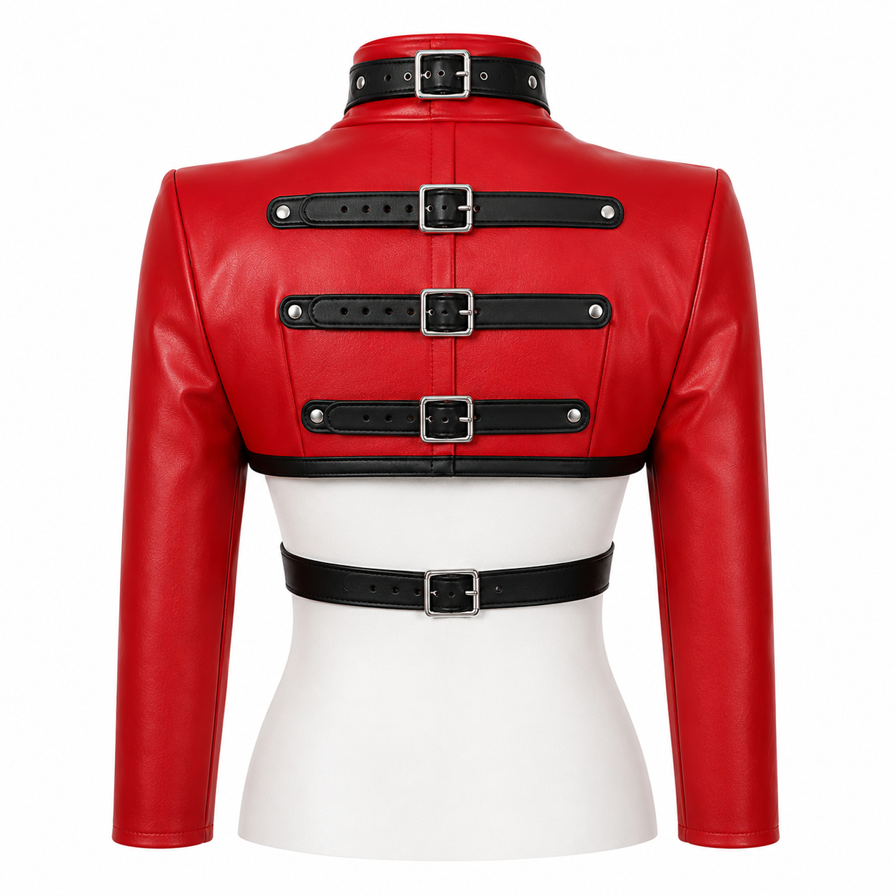 Back view of red cropped harness jacket showing triple black buckle straps and waist strap