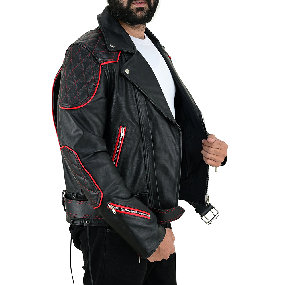 Men’s Brando Cowhide Leather Biker Jacket with Quilted Panels & Red Accents