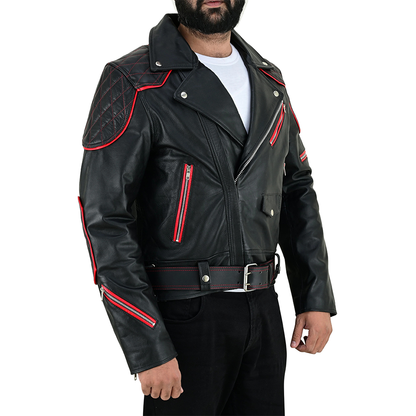 Men’s Brando Cowhide Leather Biker Jacket with Quilted Panels & Red Accents
