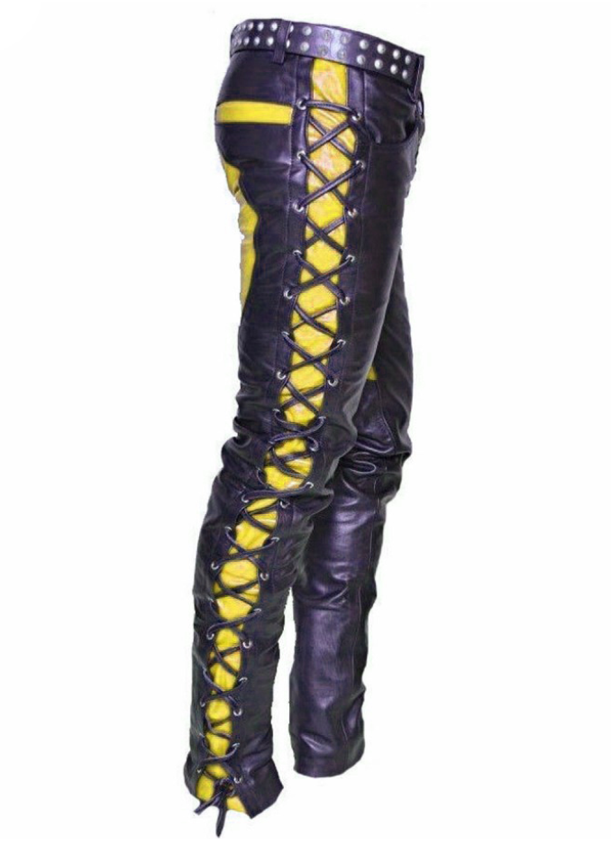 Men’s Leather Biker Pants with Front & Side Laces – Red Contrast Cowhide