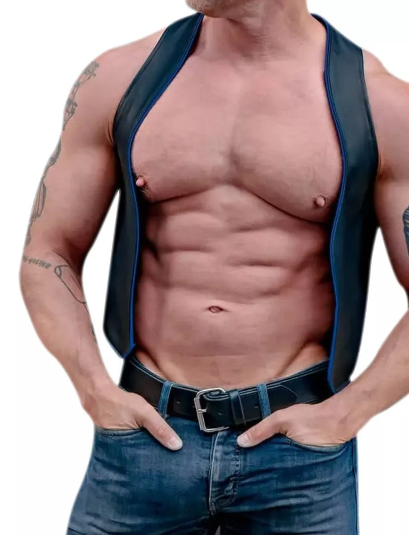 Men's Real Leather Bartender Vest with Contrast Piping – Open Front Clubwear