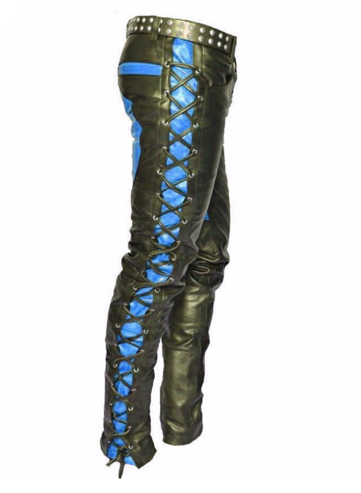 Men’s Leather Biker Pants with Front & Side Laces – Red Contrast Cowhide