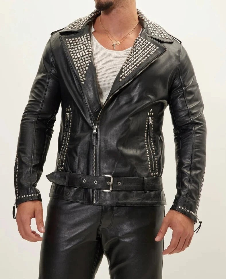 Men’s Silver Studded Cowhide Leather Biker Jacket – Brando Style