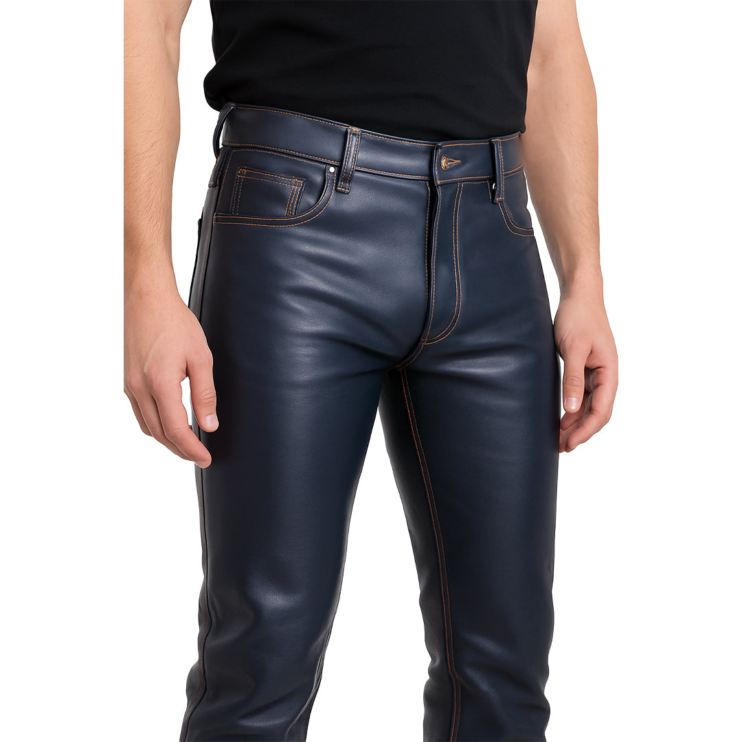 Men’s Genuine Cow Leather Slim-Fit Biker Pants – 5 Pocket Style