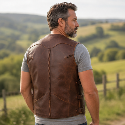 Back view of steampunk leather biker vest showing braided seam and stitching detail