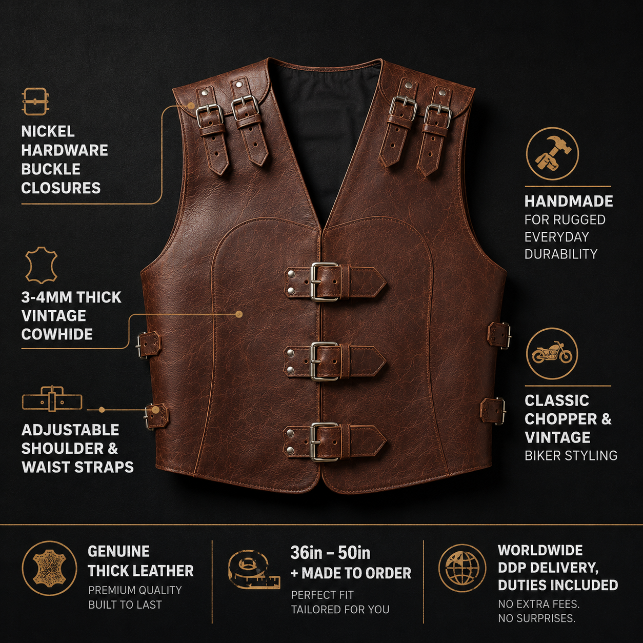 Steampunk leather biker vest product shot on dark background for infographic