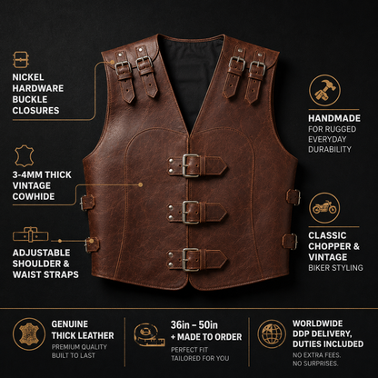 Steampunk leather biker vest product shot on dark background for infographic
