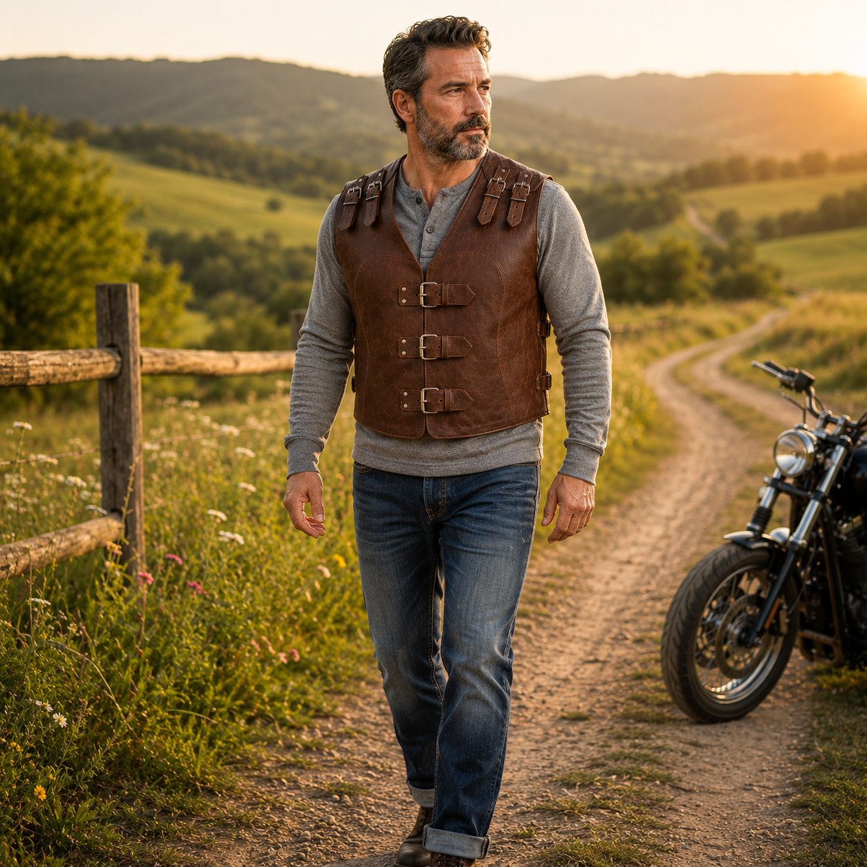 Man wearing steampunk leather biker vest outdoors on a countryside path at golden hour