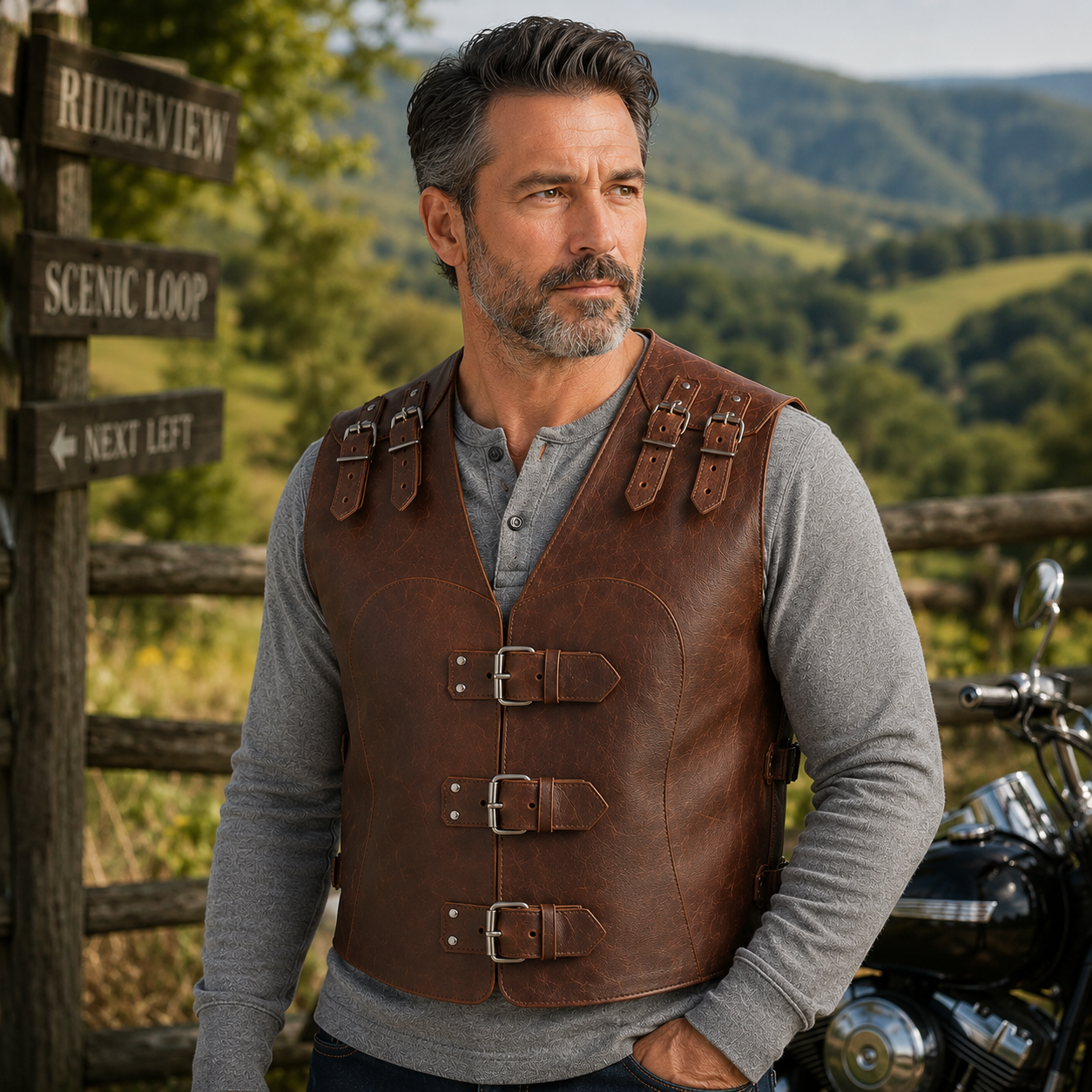 Front view of men's steampunk leather biker vest with buckle closures on grey studio background