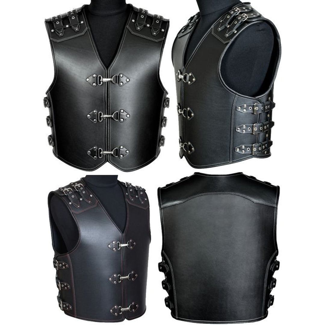 Men’s Genuine Heavy Leather Biker Vest with Fish Hook Closure – Steampunk Style