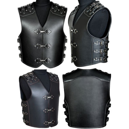 Men’s Genuine Heavy Leather Biker Vest with Fish Hook Closure – Steampunk Style