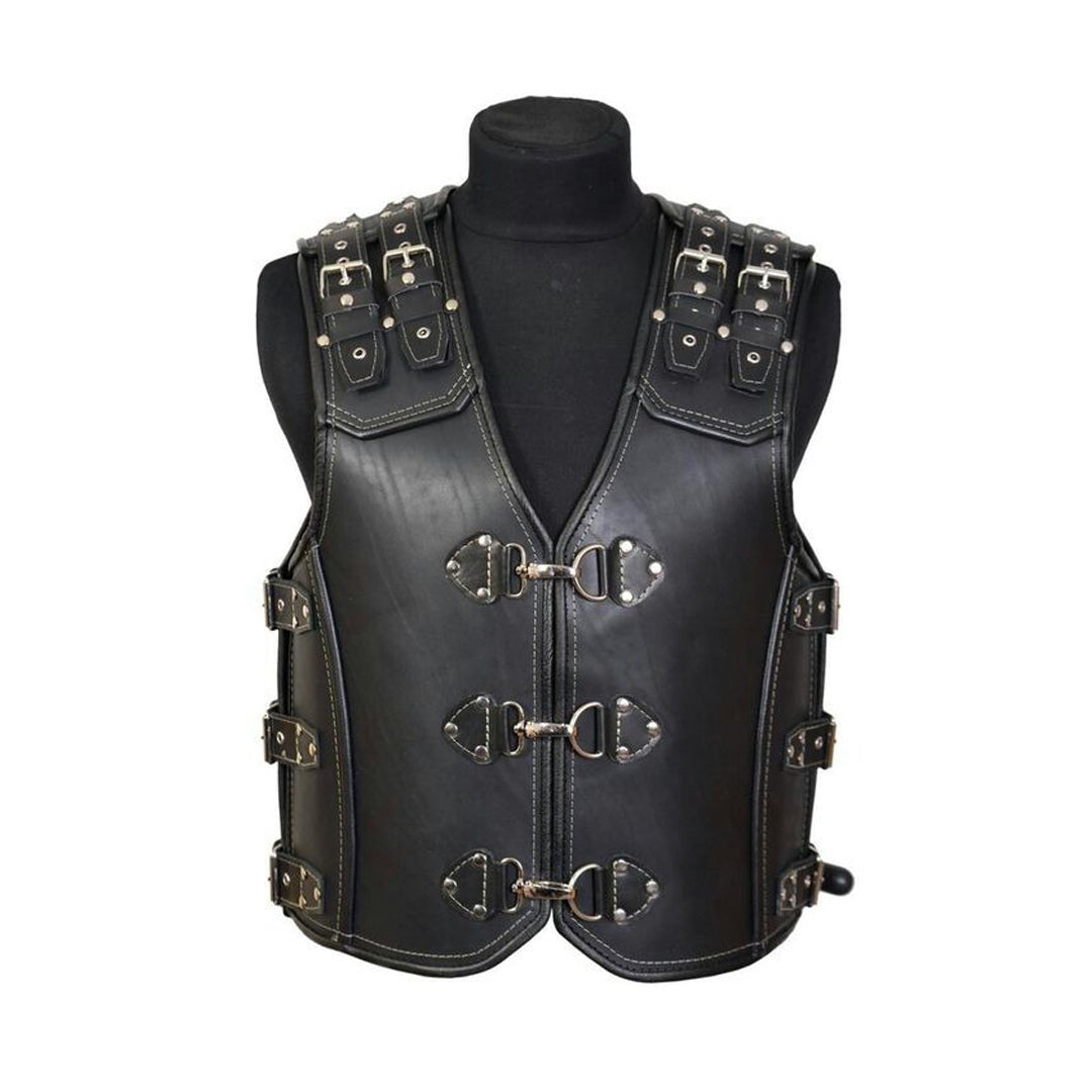 Men’s Genuine Heavy Leather Biker Vest with Fish Hook Closure – Steampunk Style