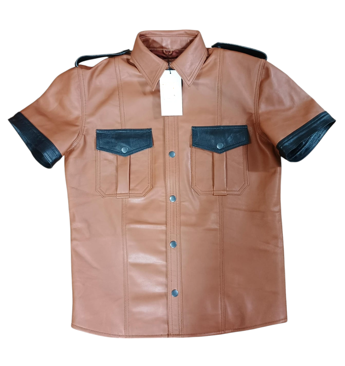 Men’s Tan Lamb Leather Police Shirt – Short Sleeve with Black Trim