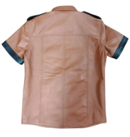 Men’s Tan Lamb Leather Police Shirt – Short Sleeve with Black Trim