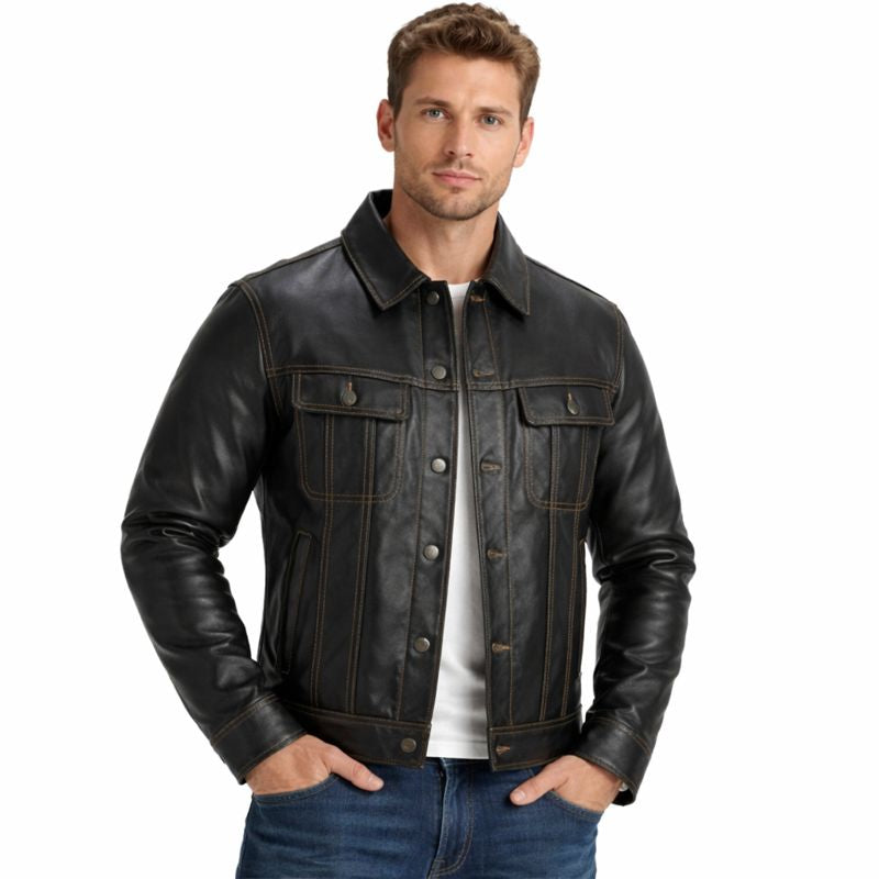 Men’s Cow Leather Trucker Jacket – Classic Levi’s Style, Contrast Stitching