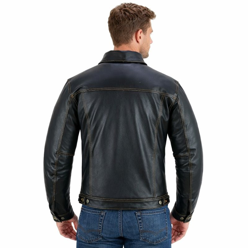 Men’s Cow Leather Trucker Jacket – Classic Levi’s Style, Contrast Stitching