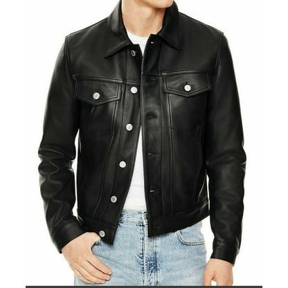 Men’s Real Lamb Leather Trucker Jacket – Classic Levi’s Style Biker Jacket