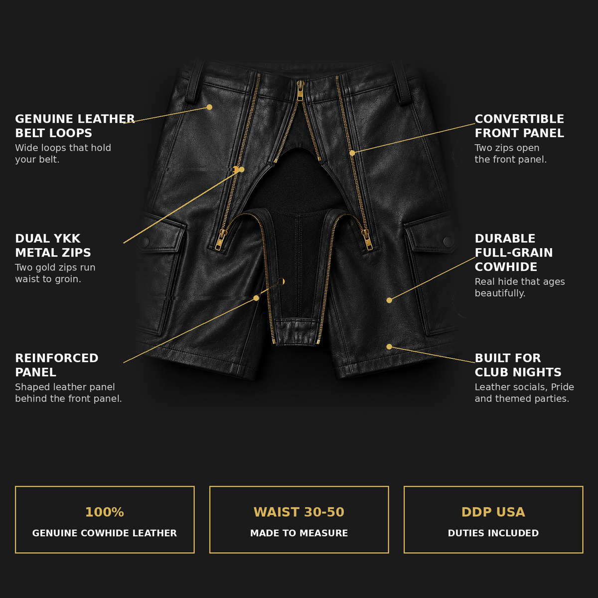 Leather shorts infographic with feature callouts, sizes and Made to Measure details