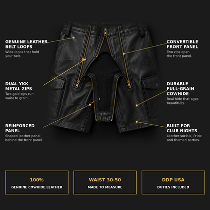 Leather shorts infographic with feature callouts, sizes and Made to Measure details