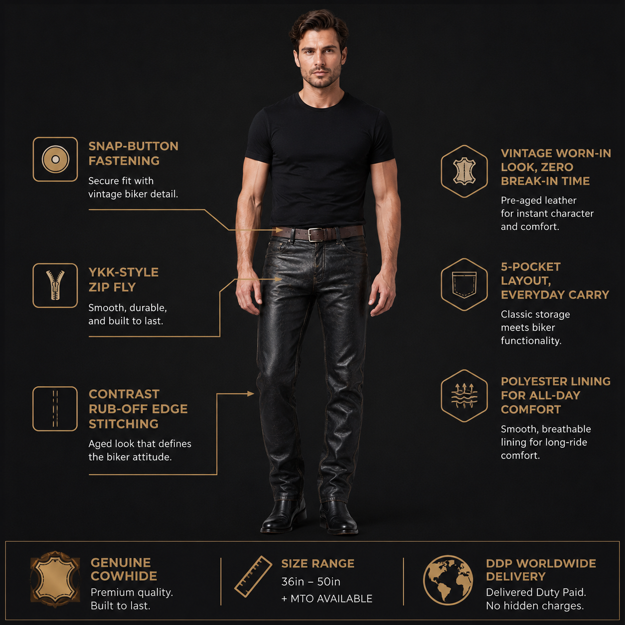 Men’s Vintage Cowhide Leather Biker Pants – Handmade 5-Pocket Style