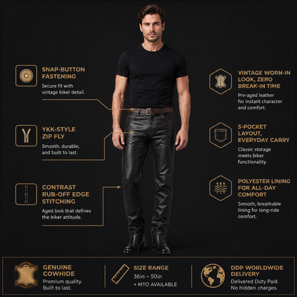 Men’s Vintage Cowhide Leather Biker Pants – Handmade 5-Pocket Style