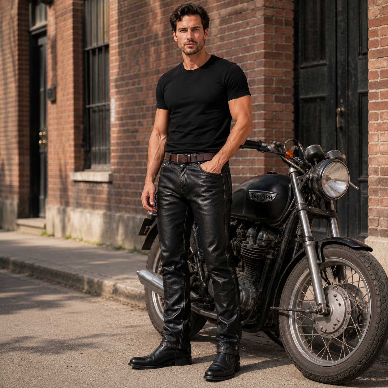 Men’s Vintage Cowhide Leather Biker Pants – Handmade 5-Pocket Style