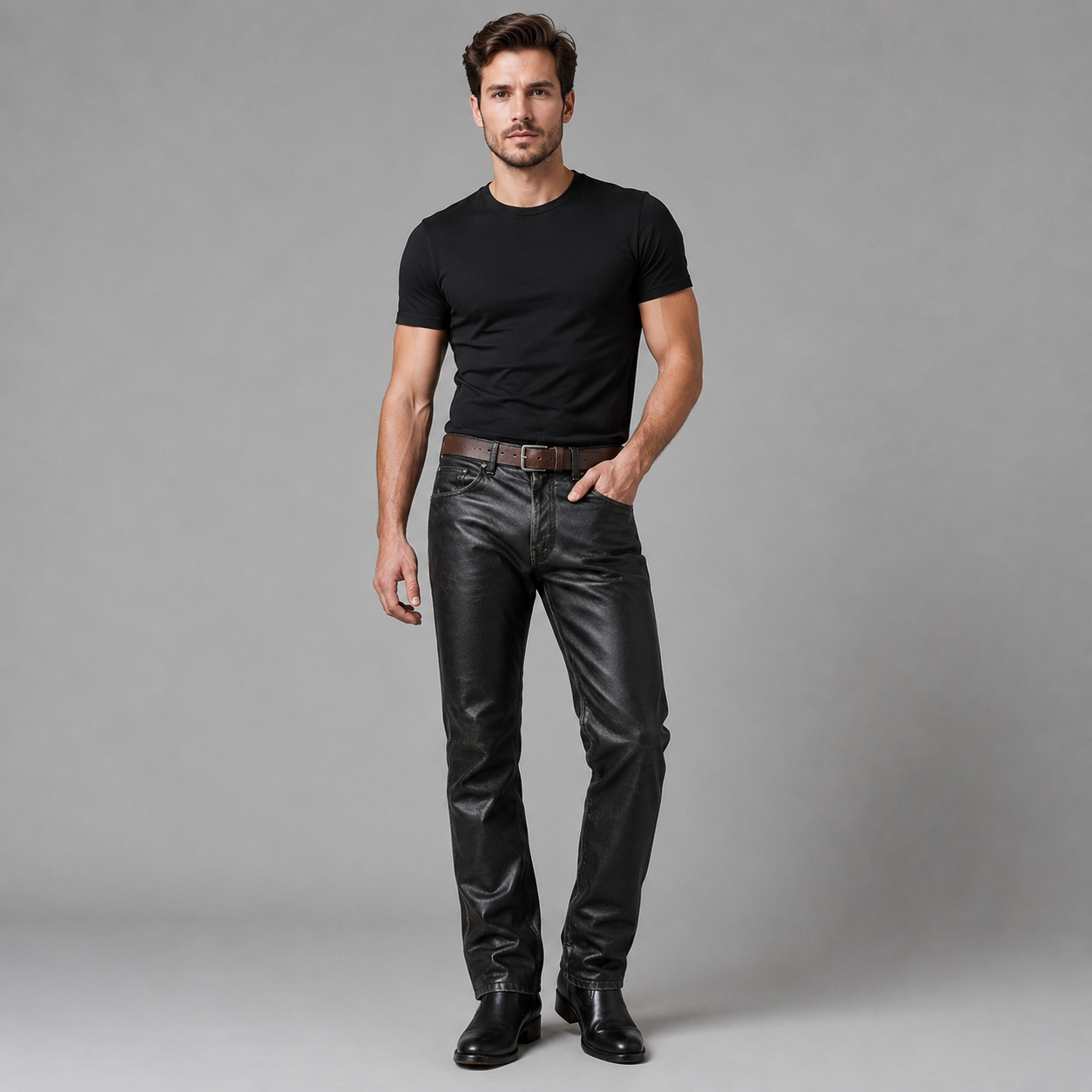 Men’s Vintage Cowhide Leather Biker Pants – Handmade 5-Pocket Style