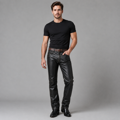 Men’s Vintage Cowhide Leather Biker Pants – Handmade 5-Pocket Style