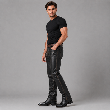 Men’s Vintage Cowhide Leather Biker Pants – Handmade 5-Pocket Style