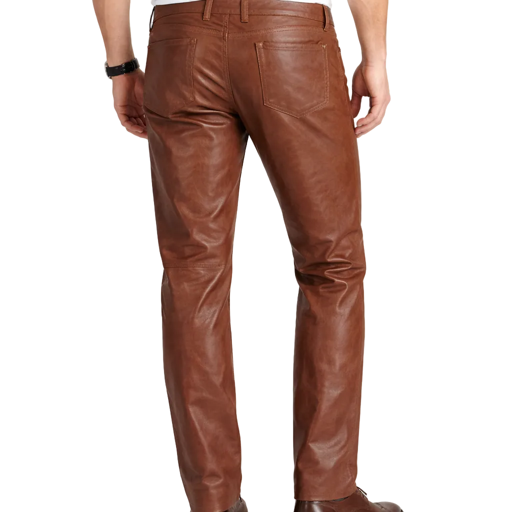 Men’s Vintage Brown Cowhide Leather Pants – 5 Pocket Classic 501 Style