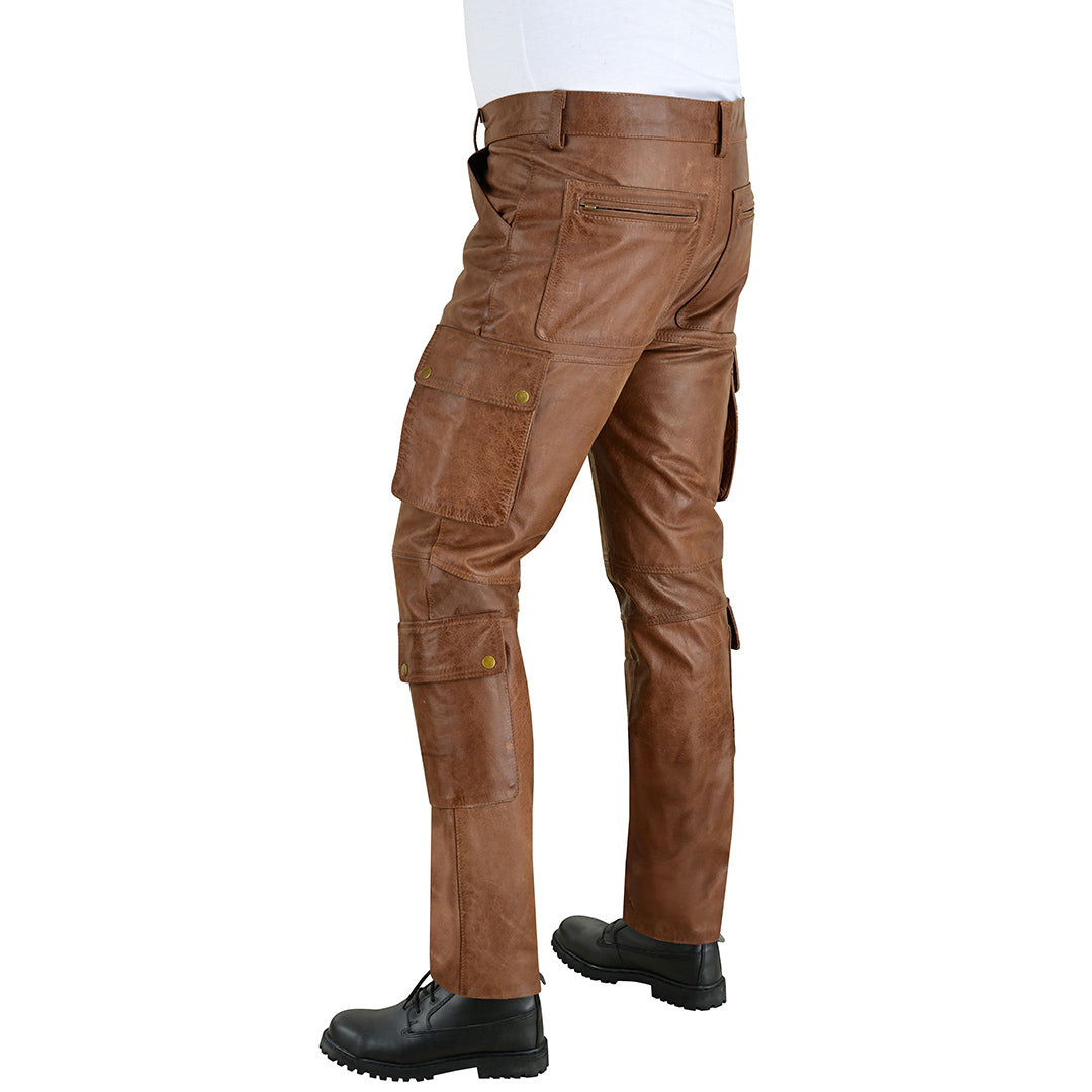 Men's Vintage Leather Biker Cargo Pants with Multiple Pockets