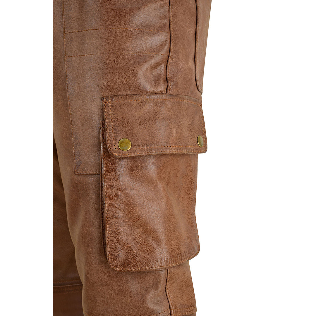 Men's Vintage Leather Biker Cargo Pants with Multiple Pockets